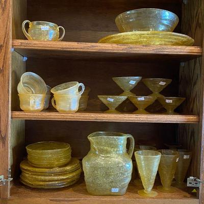 Vintage. Early mid-century hand blown yellow / golden glass: 

8 x $20 (plates) = $160
8 x $10 small plates = $80
8 x $22 coffee cups =...