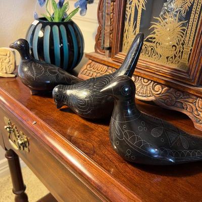 Tonala Jalisco Mexico. Black Burnished Etched Folk Art Birds. Estate sale price: $35 each.