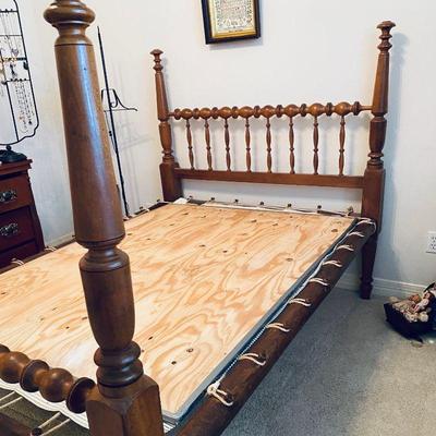 1800's rope bed. Includes custom mattress, custom mattress cover, and 2 bed skirts. Estate sale price: $599 for all.