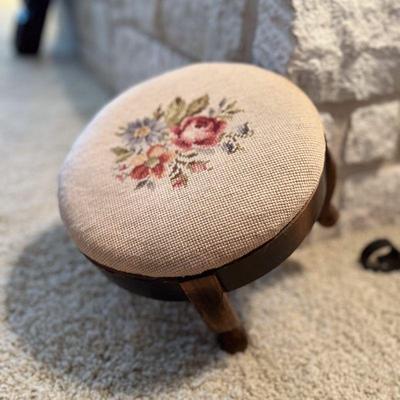 Antique cross stitch foot stool. Estate sale price: $30