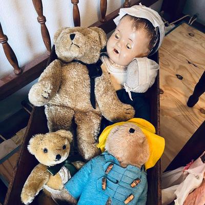 Upper right: Compositions baby. $35
Upper left: Teddy bear: $10
Lower left: Mohair bear: $25
Lower right: Paddington bear: $15