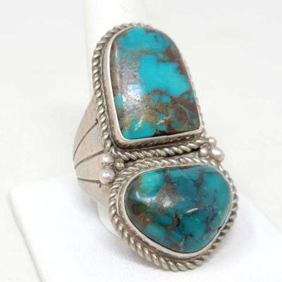 #486 â€¢ Native American Sterling Silver Double Turquoise Men's Ring, 23g
