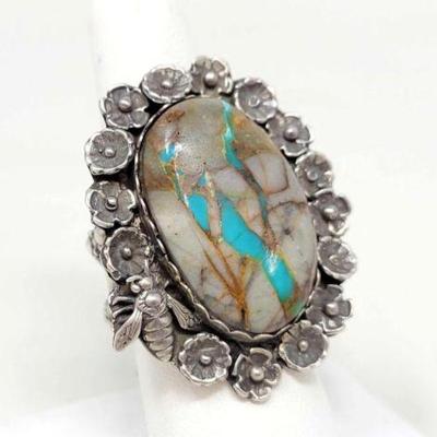 #420 â€¢ Native American Sterling Silver Flower Embroidered Turquoise Ring, 23g
