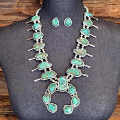 #486 â€¢ Native American Stirling Silver Squash Blossom Turquoise Green necklace and earings, 112g / 4g
