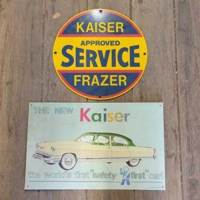 #7178 â€¢ 2 Signs, Porcelain Kaiser Frazer & Painted Metal The New Kaiser Sign

