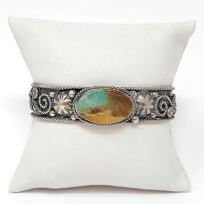 #474 â€¢ Native American Sterling Silver Turquoise Center Cuff, 30g
