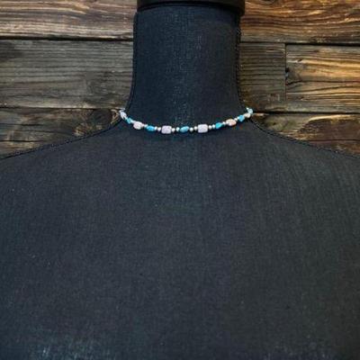 #436 â€¢ Navajo Strung Multi Stone & Sterling Silver 3 MM Pearl Necklace Turquoise, 9g
