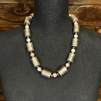 #452 â€¢ Native American Sterling Silver Etched Drum Bead with Pink Concho Bead Accent Necklace, 107g
