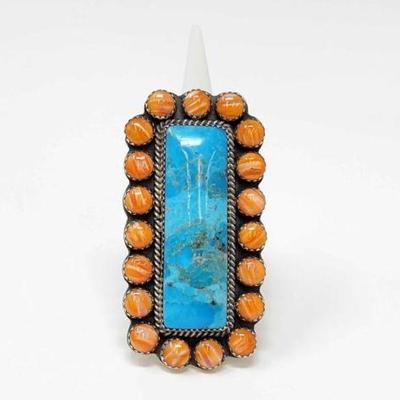 #456 â€¢ Native American Sterling Silver Turquoise & Spiney Oyster Statement Ring, 35g

