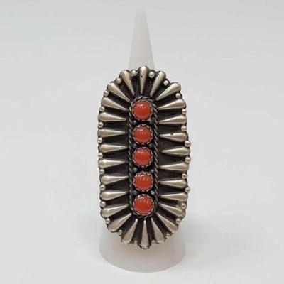 #468 â€¢ Native American Sterling Silver Tear Drop & 5 Coral Stone Ring, 18g
