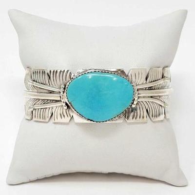 #472 â€¢ Native American Sterling Silver Turquoise Center Feather Cuff, 63g

