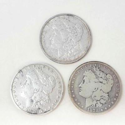 #1352 â€¢ (3) 1878-1890 Morgan Silver Dollars
