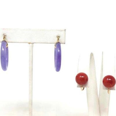 #702 â€¢ 14k Gold Coral & Purple Jadeite Earrings, 14g
