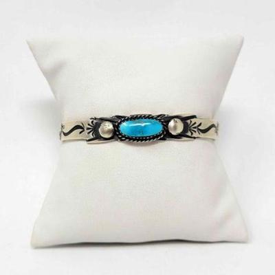 #480 â€¢ Native American Sterling Silver Cuff with Turquoise Center Stone, 21g
