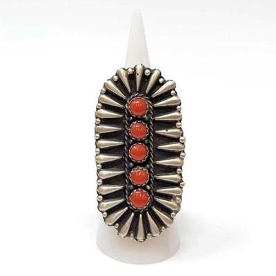 #468 â€¢ Native American Sterling Silver Tear Drop & 5 Coral Stone Ring, 18g
