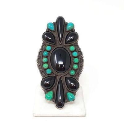 #470 â€¢ Native American Sterling Silver Onyx & Turquoise Ring, 47g
