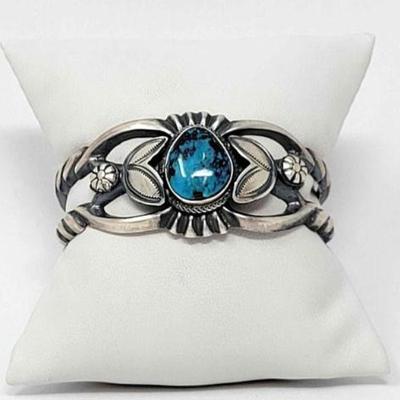 #476 â€¢ Native American Sterling Silver Sand Cast Cuff with Turquoise, 42g
