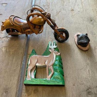#3526 â€¢ Wooden Motorcycle, Porcelain Raccoon & Wooden Deer
