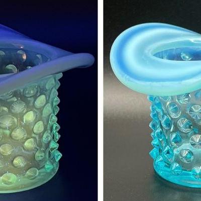 Fenton Art Glass Hobnail Blue Opalescent Top Hat Toothpick Holder - UV Reactive