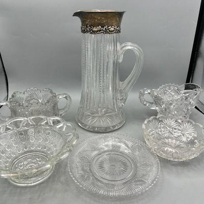 Vintage Glass Lot Feat. Sterling Silver Rimmed Pitcher
