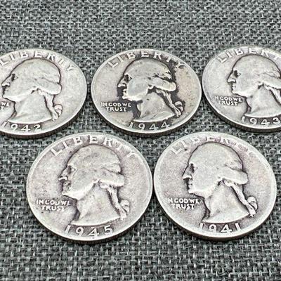 (5) Silver Washington Quarters Coins 1941 - 1945
