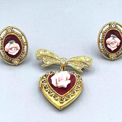 Vintage Photo Locket Brooch & Earrings Gold Tone Bow With Dangle Heart
