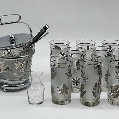 Libbey Silver Leaf Frosted Icebox, (8) Highball Glasses, Swizzle Stick, Decanter
