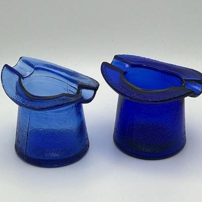 Pair Of (2) Cobalt Blue Top Hat Glass Toothpick Holders
