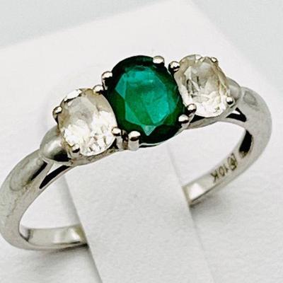 Sparkling 10K White Gold Ring With Diamonds & Vibrant Green Stone
