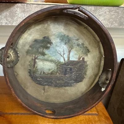 Antique Appalachian Log House Tambourine hand Painted