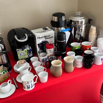Coffee makers, espresso machine, hot water kettle thermos, mugs,