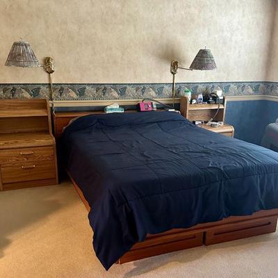 Queen size bed with wood platform drawers & storage headboard & matching nightstands