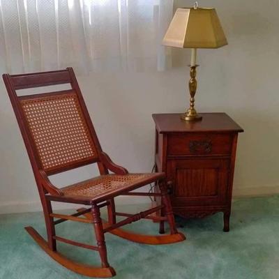 Caned rocker & antique cabinet
