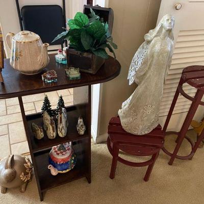 Antique Oak Side Table, Wooden Planter Stands, and lots of decoratives