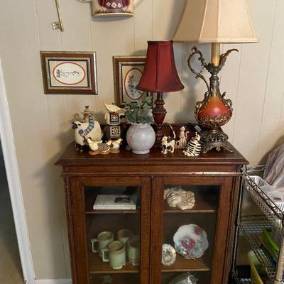 Small Oak Curio Cabinet full of decoratives