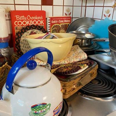 Kitchen items, pots, pans and serving pieces