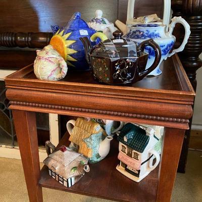 Porcelain and Ironstone Tea pot collection from around the world, England, Japan, USA and small end table