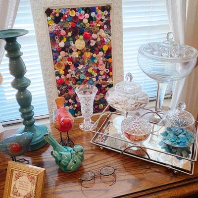 Button Collage, Crystal bowls and decoratives