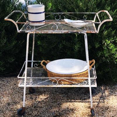 Vintage rusty (to perfection) White Garden Tee Cart with removable Tray 