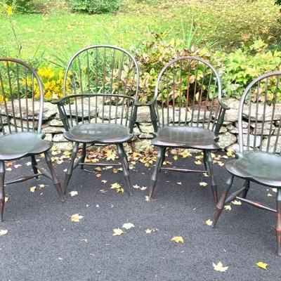 Set of 4 D. R. Dimes Windsor chairs in worn green painted finish. Excellent cond.