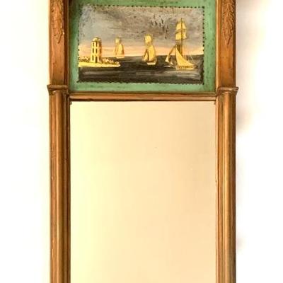 Antique mirror with reverse painted panel, 1820-1825