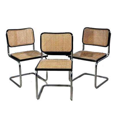 (3PC) MARCEL BREUER CHROME AND CANE CHAIRS | Black wood edges - l. 19 x w. 18 x h. 33 in
