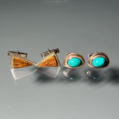 (4PC) TWO PAIRS RETRO CUFFLINKS | Including a pair with teak triangles, and a pair with green cabochons
