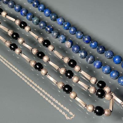 (3PC) STERLING & GEMSTONE NECKLACES | Including a Mexican Sterling & Bead necklace (32 in., 77.6g); a lapis lazuli necklace with 14k gold...