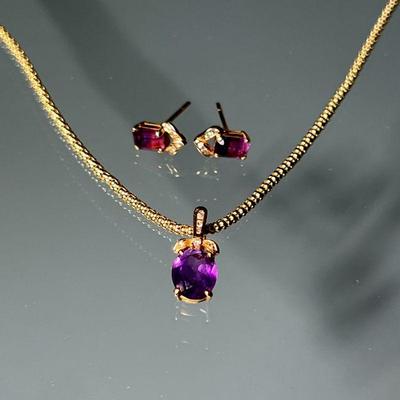 (3PC) AMETHYST, DIAMOND, & 14K GOLD DEMI PARURE | Including a pendant with central oval mixed cut amethyst (10.7 x 8.1 x 4.7 mm)...