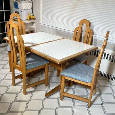 (5PC) RETRO EAT IN KITCHEN SET | Having a white tile, top table with oak frame and trestle base and for sky scraper back chairs - l. 52.5...