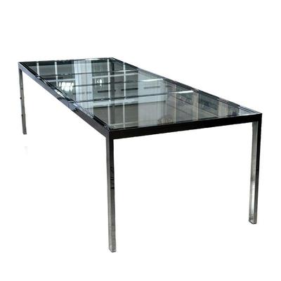 MILO BOUGHMAN FOR DIA CHROME DINING TABLE | Chrome and glass extension dining table; no apparent markings or signature. - l. 100 x w. 38...