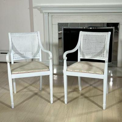 (2PC) PAIR WHITE WOOD AND WICKER CHAIRS | l. 18 x w. 21 x h. 35 in
