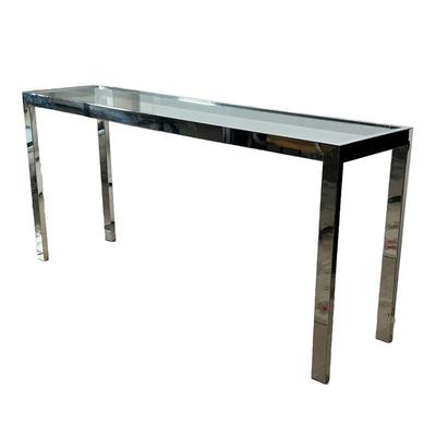 MILO BOUGHMAN STYLE CONSOLE TABLE | Chrome and glass; no apparent markings - l. 60 x w. 15 x h. 28 in
