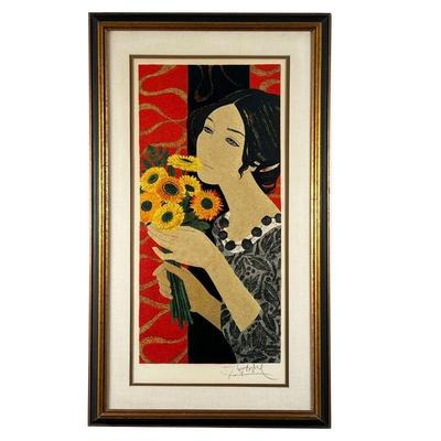 CONTEMPORARY LITHOGRAPH | Girl with flowers. Lithograph on paper. 28 x 13 in., sight. Numbered 250/250. Pencil signed - w. 21 x h. 35.5 in